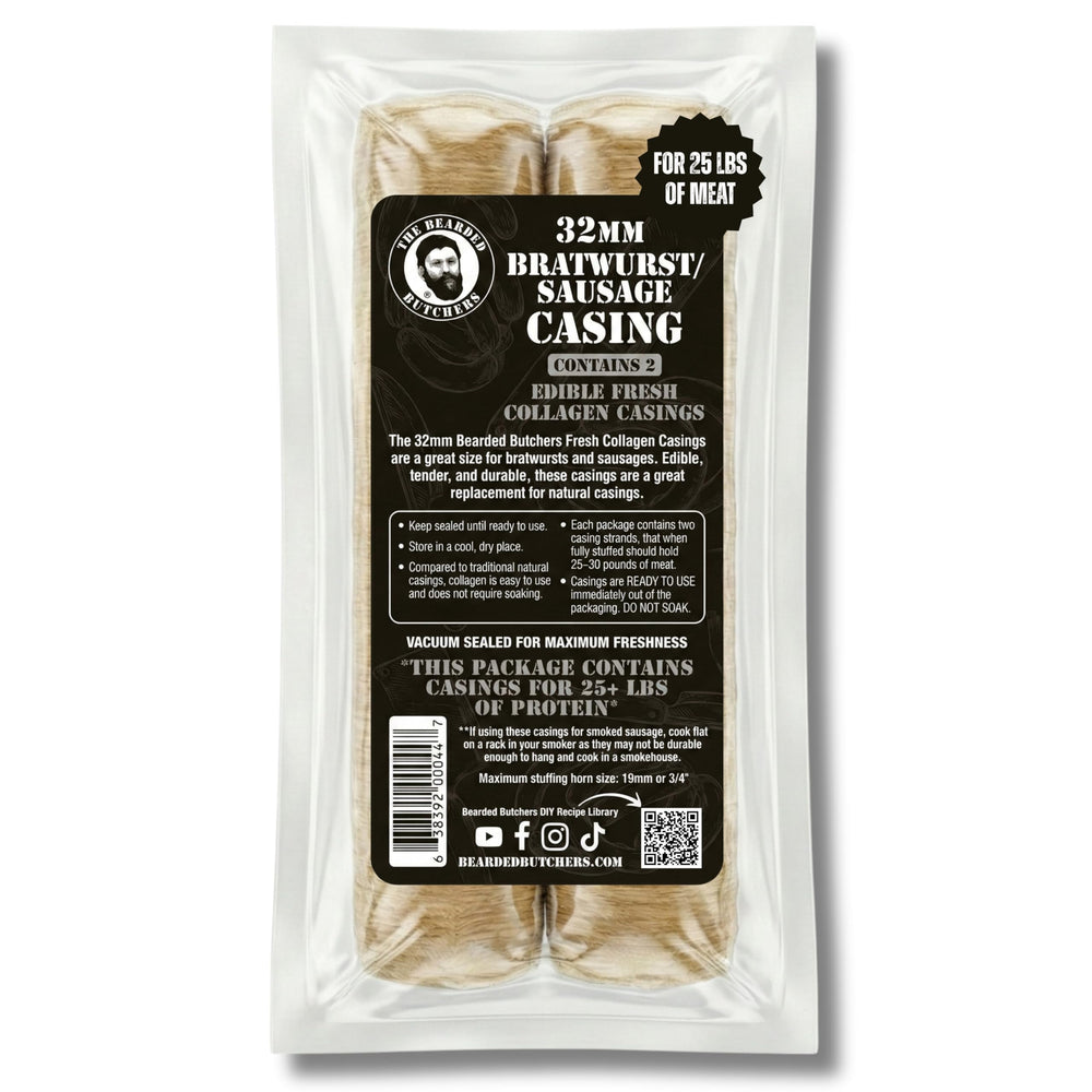 Bearded Butchers 32mm fresh edible collagen casings ready to use for bratwurst and Italian sausage