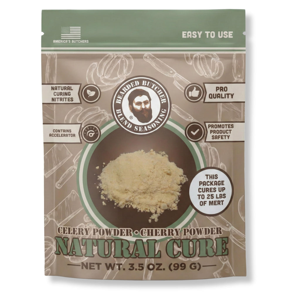 Bearded Butchers Natural Cure packet label shows a clean, natural curing option for home meat.