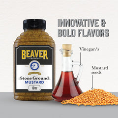 Beaver Brand mustard bottle pouring to reveal smooth texture