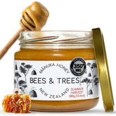 Bees & Trees Manuka Honey 350+ MGO in glass jar shows rich amber color for daily use.
