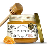 Bees & Trees Manuka honey in glass jar—premium raw honey for tea and daily use.