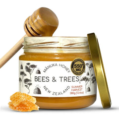 Bees & Trees Manuka honey in glass jar—premium raw honey for tea and daily use.