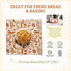 Bee's Wrap flour-print wrap stores bread while preserving texture and aroma.