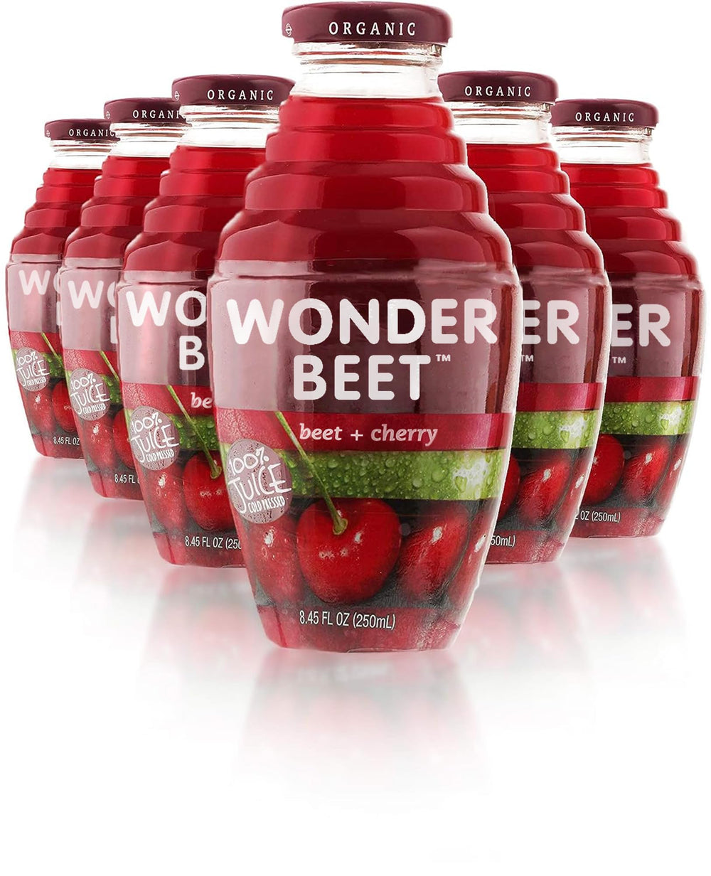 Beetology organic beet and cherry juice bottle shows vibrant color for a refreshing drink.