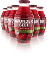 Beetology organic beet and cherry juice bottle shows vibrant color for a refreshing drink.