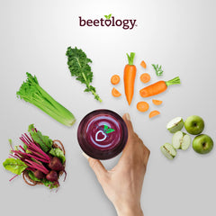 Beetology organic ingredients like beets, kale, and carrots for a nutritious blend.