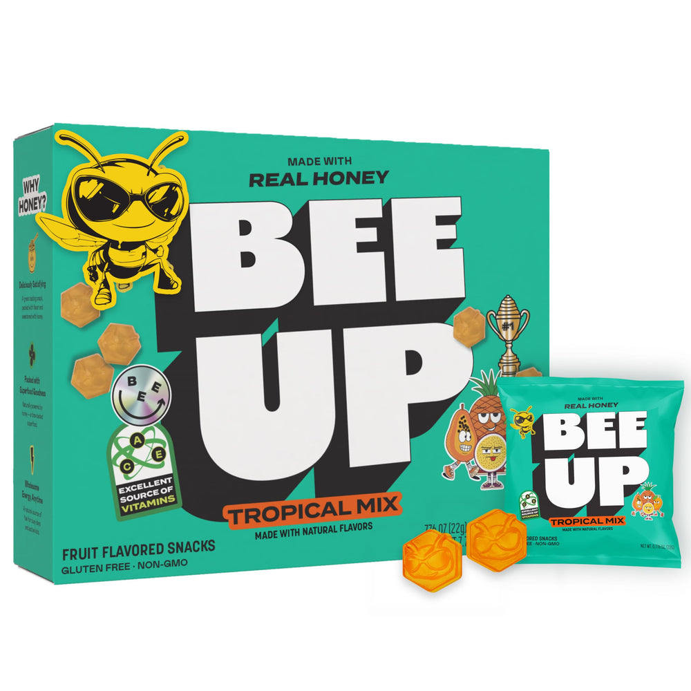 BeeUP Tropical Mix fruit snacks 10-pack front view for school lunches.