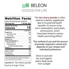 Beleon Tart Cherry Powder jar close-up highlights clean, all-natural ingredients