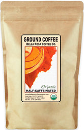 Bella Rosa Organic Half-Caff ground bag offering a smooth, low-acid morning option.