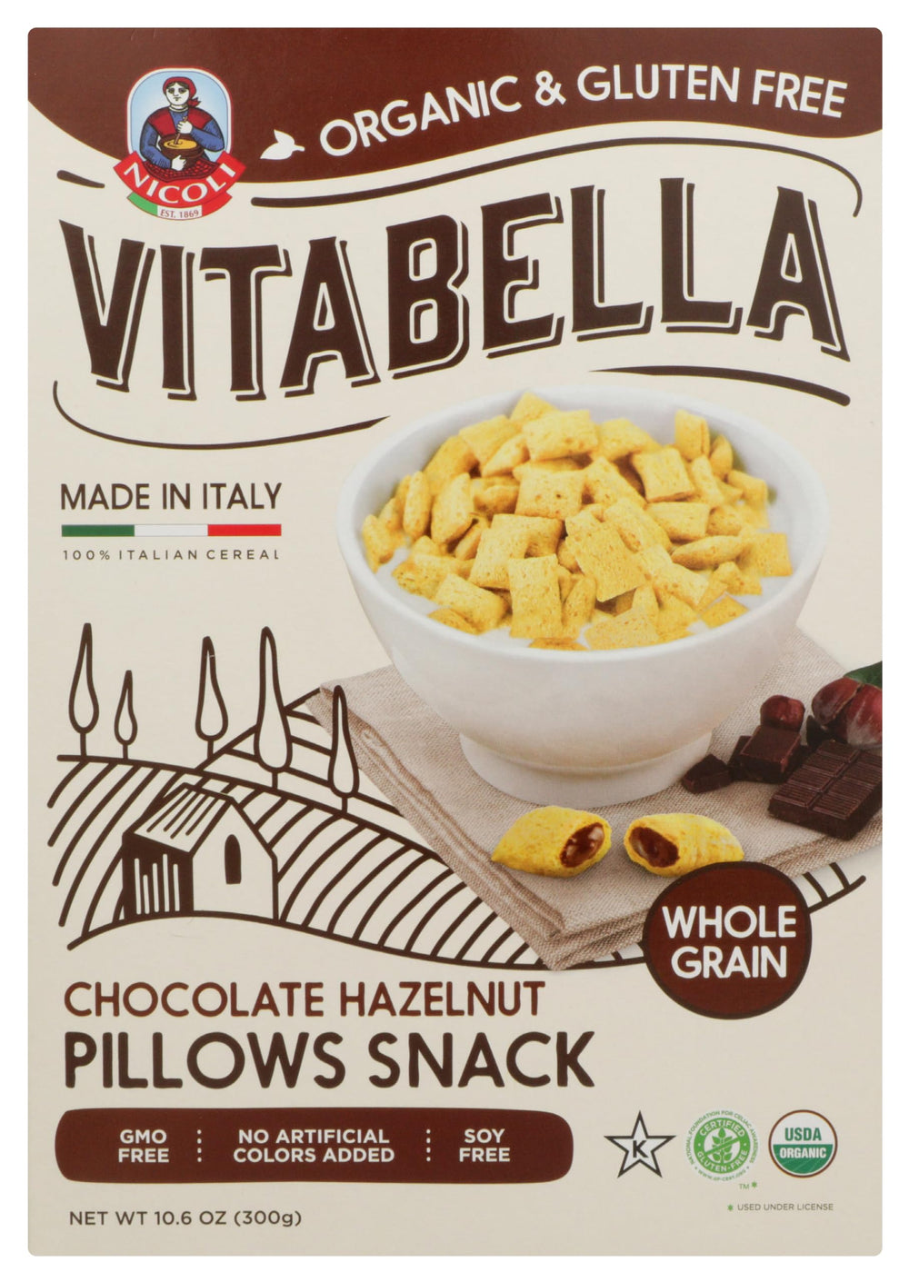 Bella Vita Vitabella Cereal Chocolate Pillows on pack front with organic ingredients