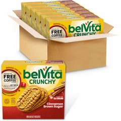 Belvita Cinnamon Brown Sugar biscuits in packaging, ideal for on-the-go breakfast energy.
