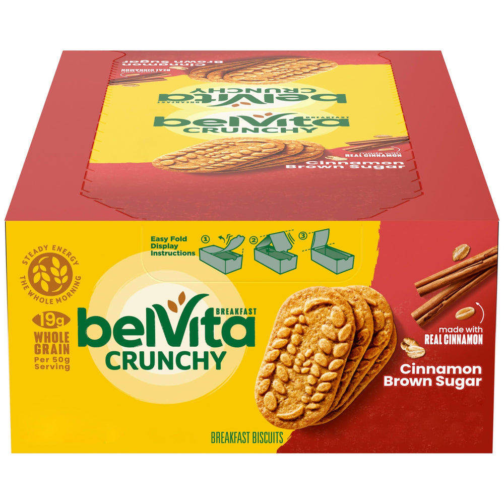 belVita Cinnamon Brown Sugar breakfast biscuits box displaying eight packs for steady energy
