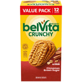 Belvita cinnamon brown sugar breakfast biscuits in a 12-pack box, ideal for quick on-the-go mornings.