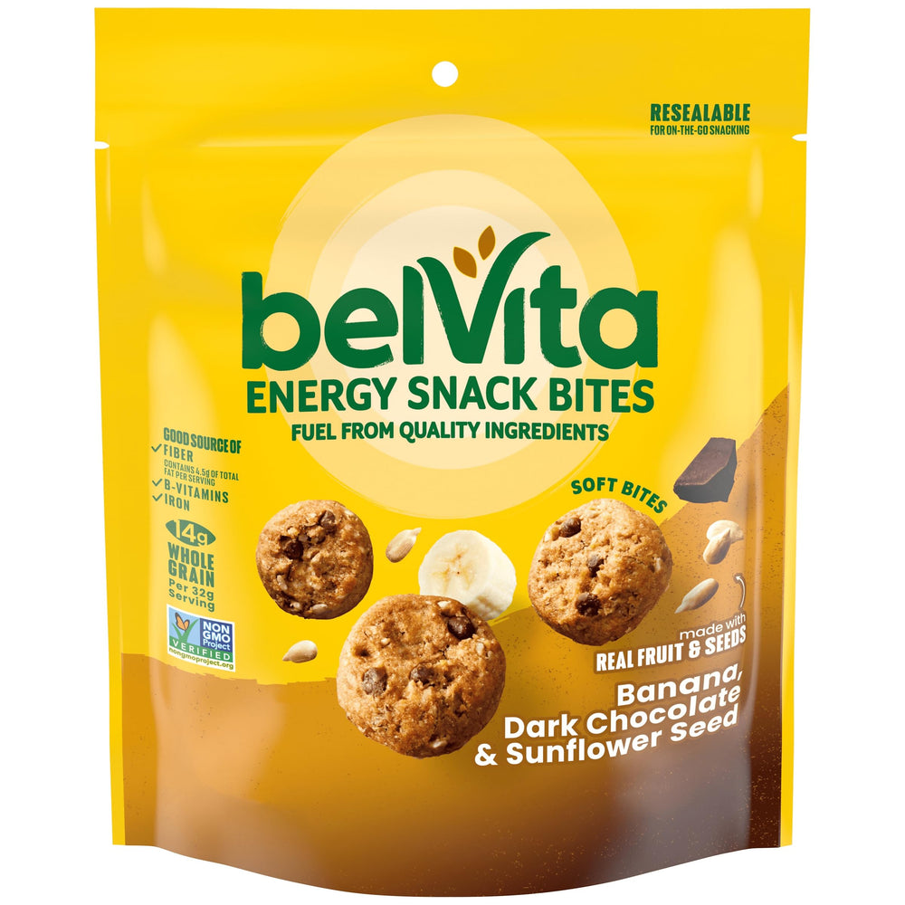 belVita Energy Snack Bites package shows banana-chocolate with seeds, ideal for on-the-go fueling.