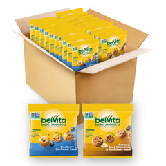 Belvita Energy Snack Bites variety pack box showing two flavors for on-the-go snacking.