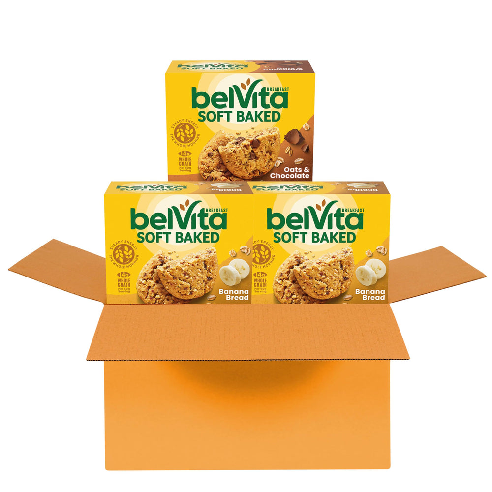 Belvita soft baked Banana Bread pack front for easy breakfast