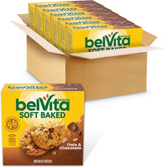Belvita Soft Baked Oats & Chocolate bar on a plate for steady morning energy.