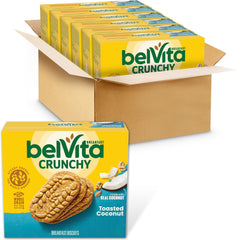 Belvita toasted coconut biscuits pack illustrates convenient breakfast energy for busy mornings