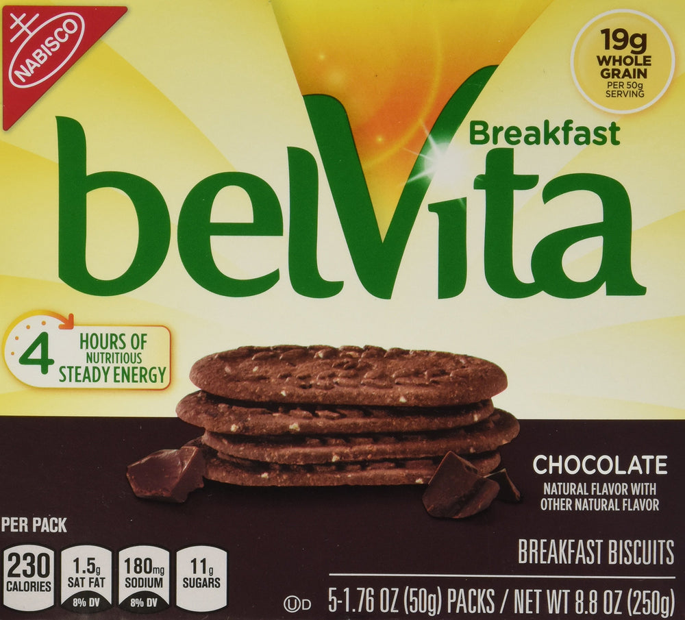 Belvita whole grain chocolate breakfast biscuits, 5-pack, ready for on-the-go mornings.