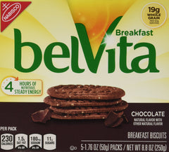 Belvita whole grain chocolate breakfast biscuits, 5-pack, ready for on-the-go mornings.