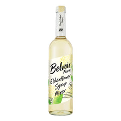 Belvoir Fruit Farms Elderflower Syrup bottle close-up for premium cocktails.