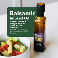 Benissimo Balsamic Garlic Oil bottle; sweet-tart drizzle for salads and breads.