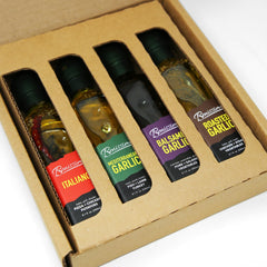 Benissimo Mediterranean Garlic Oil bottle; bold notes for pasta and vegetables.