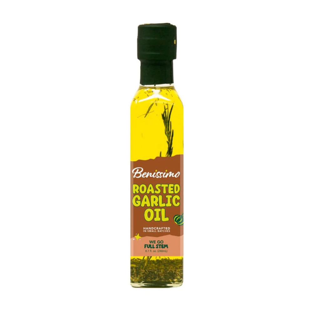 Benissimo roasted garlic herb infused oil bottle pour for bold sautéing flavor.