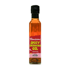 Benissimo Spicy Sriracha Infused Oil bottle with bold heat and garlic aroma.