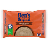 Ben's Original brown rice pack 5 lb on shelf, pantry staple for meals.