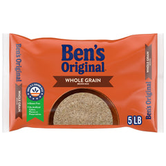 Ben's Original brown rice pack 5 lb on shelf, pantry staple for meals.