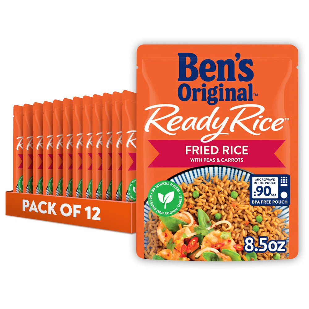 Ben's Original Ready Rice fried rice with peas and carrots steaming in a microwave pouch for quick meals