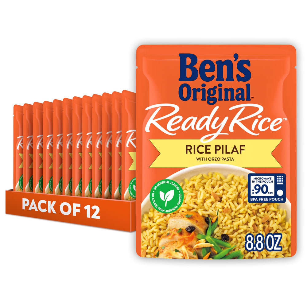 BEN'S ORIGINAL Ready Rice Rice Pilaf packaging on counter showing quick side option