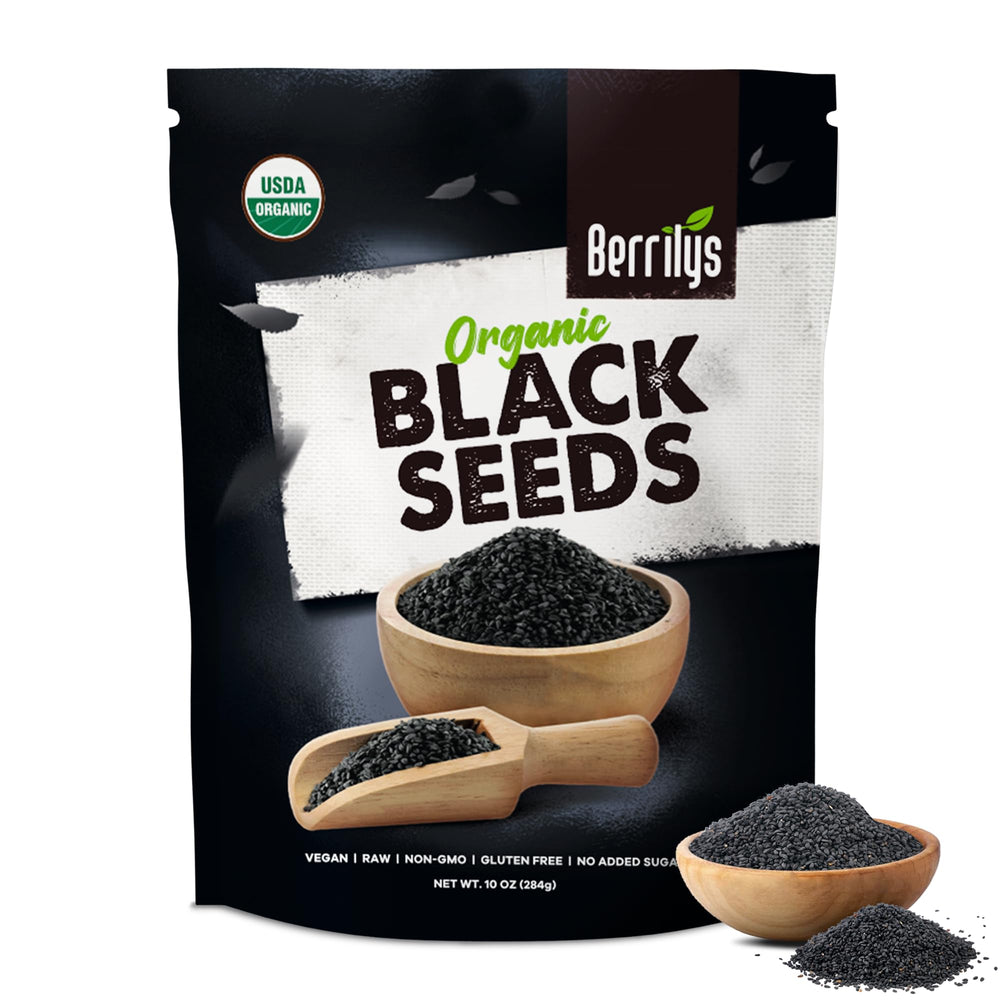 Berrilys Black Seeds in a jar showing USDA Organic Nigella Sativa aroma