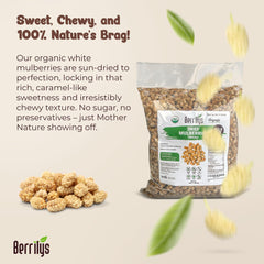 Berrilys sun-dried mulberries close-up with chewy texture.