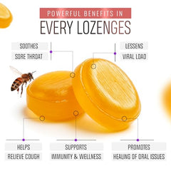 Berringa Manuka Lozenges Ginger Lemon closeup emphasizes MGO 900+ honey with potential immune-support.
