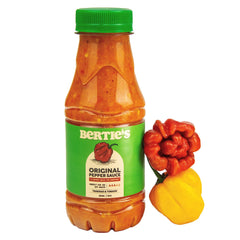 Bertie's Original Pepper Sauce bottle front showing bold fruity heat for home cooking