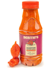 Bertie's Trinidad Scorpion Pepper Sauce bottle front shows bold heat for stews and marinades.