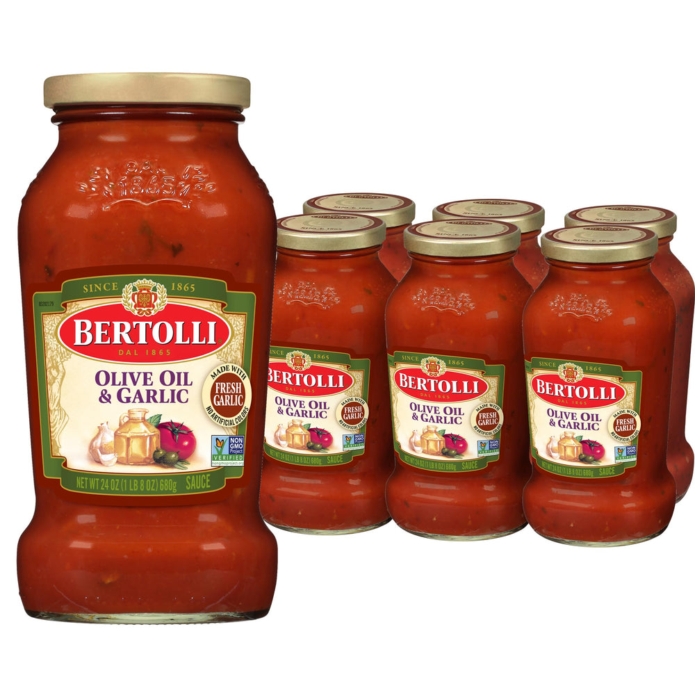Bertolli pasta sauce with olive oil and garlic in a six-pack jar for quick weeknight dinners
