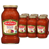 Bertolli pasta sauce with olive oil and garlic in a six-pack jar for quick weeknight dinners