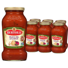 Bertolli pasta sauce with olive oil and garlic in a six-pack jar for quick weeknight dinners