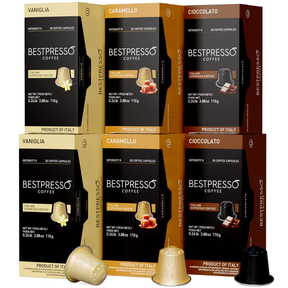 Bestpresso caramel-vanilla-chocolate variety boxes show bold flavors for a quick cafe-style espresso