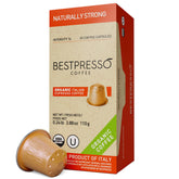 Bestpresso Organic Coffee Pods packaging highlights freshness and aroma.
