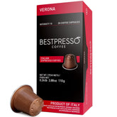 Bestpresso Verona Blend pods closeup, premium espresso flavor for rich morning routines.