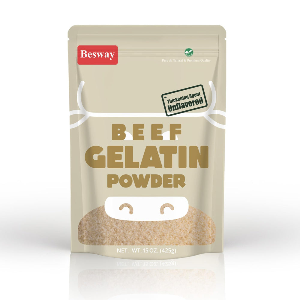 Besway Pure Beef Gelatin Powder bottle shows clean ingredients for versatile thickening.