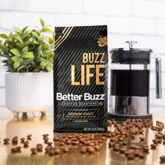 Better Buzz Life whole bean close-up showing hand roasted freshness