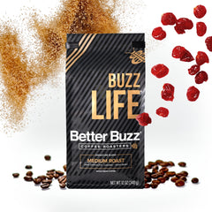 Better Buzz Life whole bean coffee 12oz bag with rich aroma and medium roast