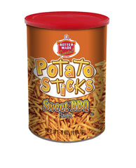 Better Made Potato Sticks Sweet BBQ canister front view, snack-ready.