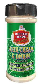 Better Made Sour Cream and Onion seasoning bottle close-up for savory finish.
