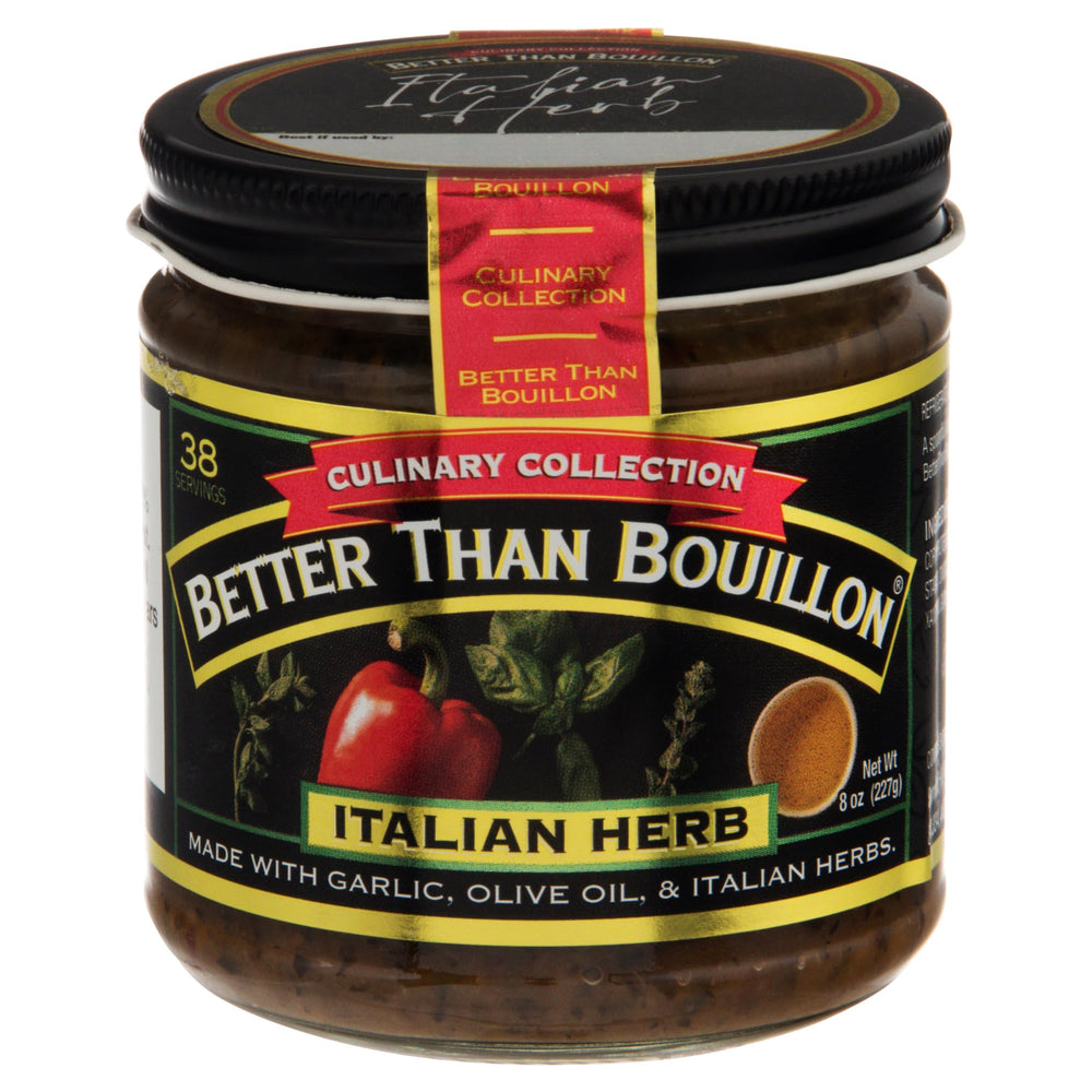 Better Than Bouillon Italian Herb Base jar pour enhances soups, sauces, and quick flavor boosts.